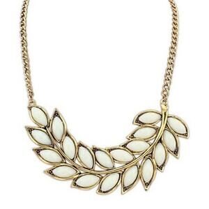 Express White Stone Gold Leaf Pendant Bib Necklace